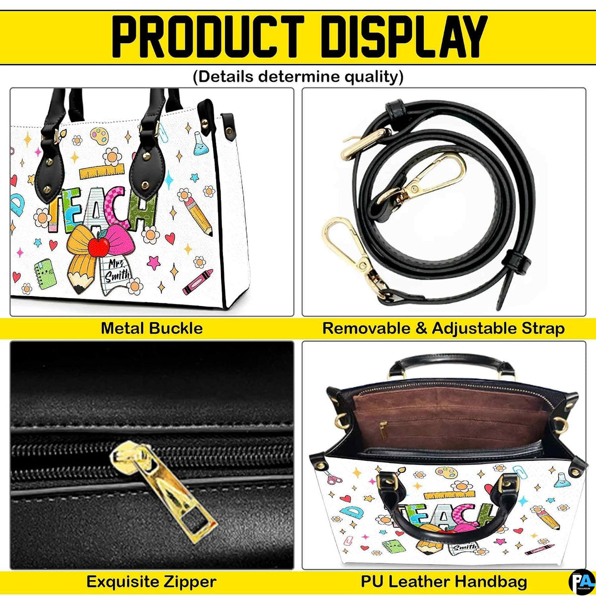 Lifestyle model display showing the colorful stationery teacher handbag carried over the shoulder.