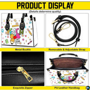 Lifestyle model display showing the colorful stationery teacher handbag carried over the shoulder.