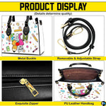 Lifestyle model display showing the colorful stationery teacher handbag carried over the shoulder.