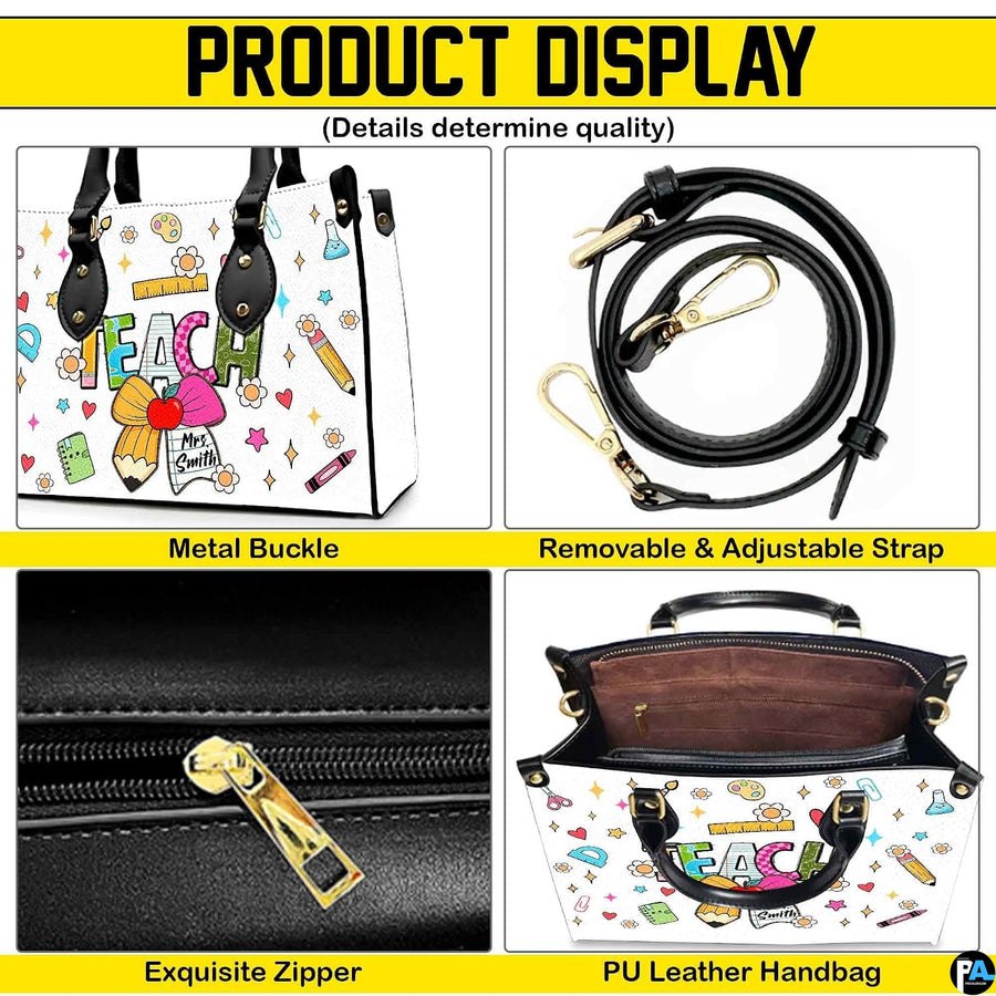 Lifestyle model display showing the colorful stationery teacher handbag carried over the shoulder.
