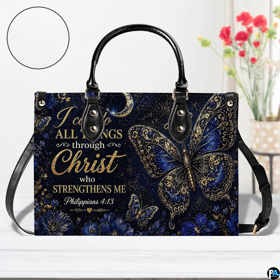 Frontal presentation displaying ornate blue and gold butterfly design on light wooden surface beside blooms.