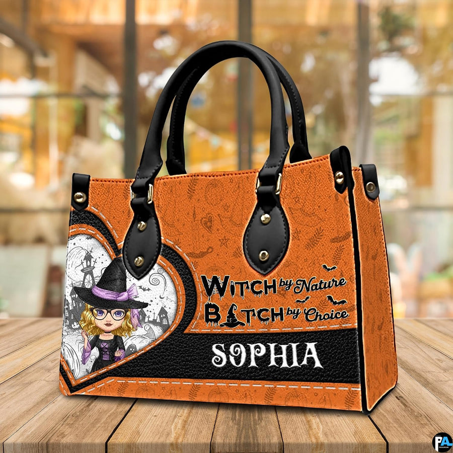 Wooden table presentation featuring the cartoon witch accessory in warm indoor lighting.