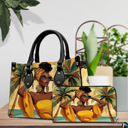 Coordinated artistic duo showing the sunglasses resort design displayed beside potted greenery.