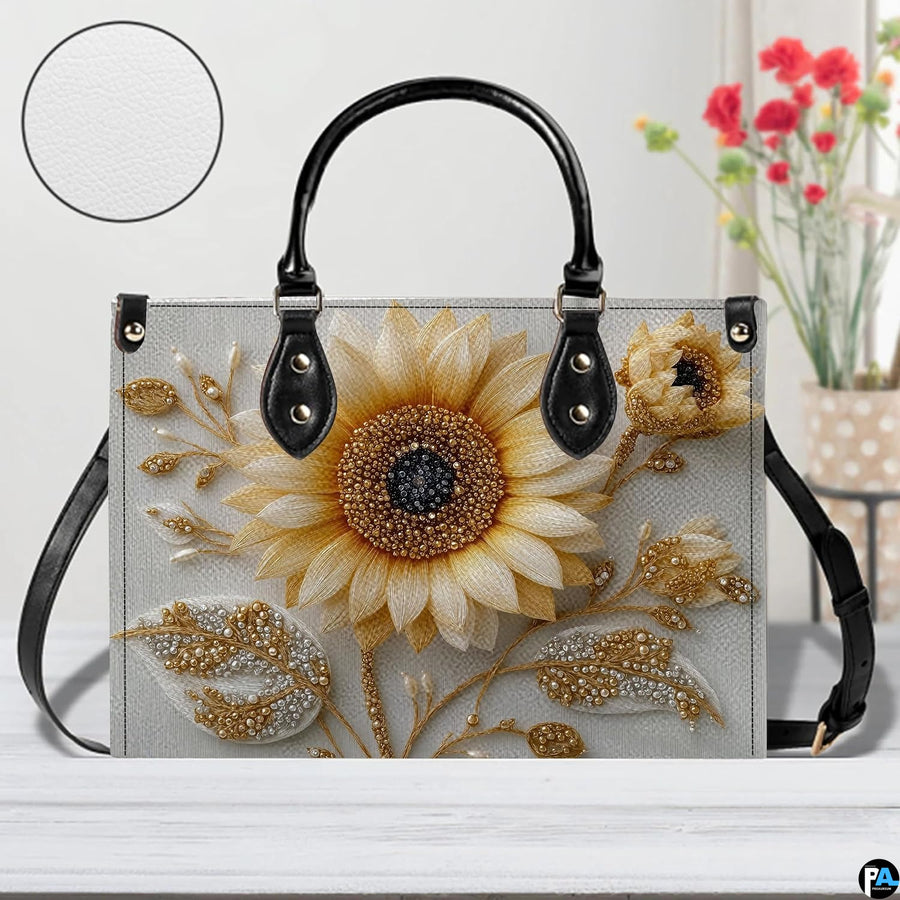 Top down view of sunflower handbag showing zipper closure and interior opening.