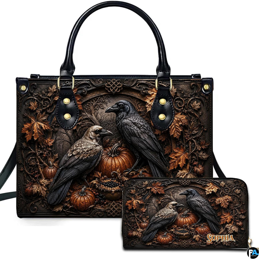 Personalized Halloween Gothic Leather Handbag Custom Raven Black Cat Purse Dark Fantasy Shoulder Bag Gift for Women