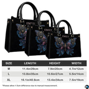 Measurement comparison graphic showing dimensional variations for floral butterfly handbag