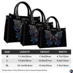 Measurement comparison graphic showing dimensional variations for floral butterfly handbag