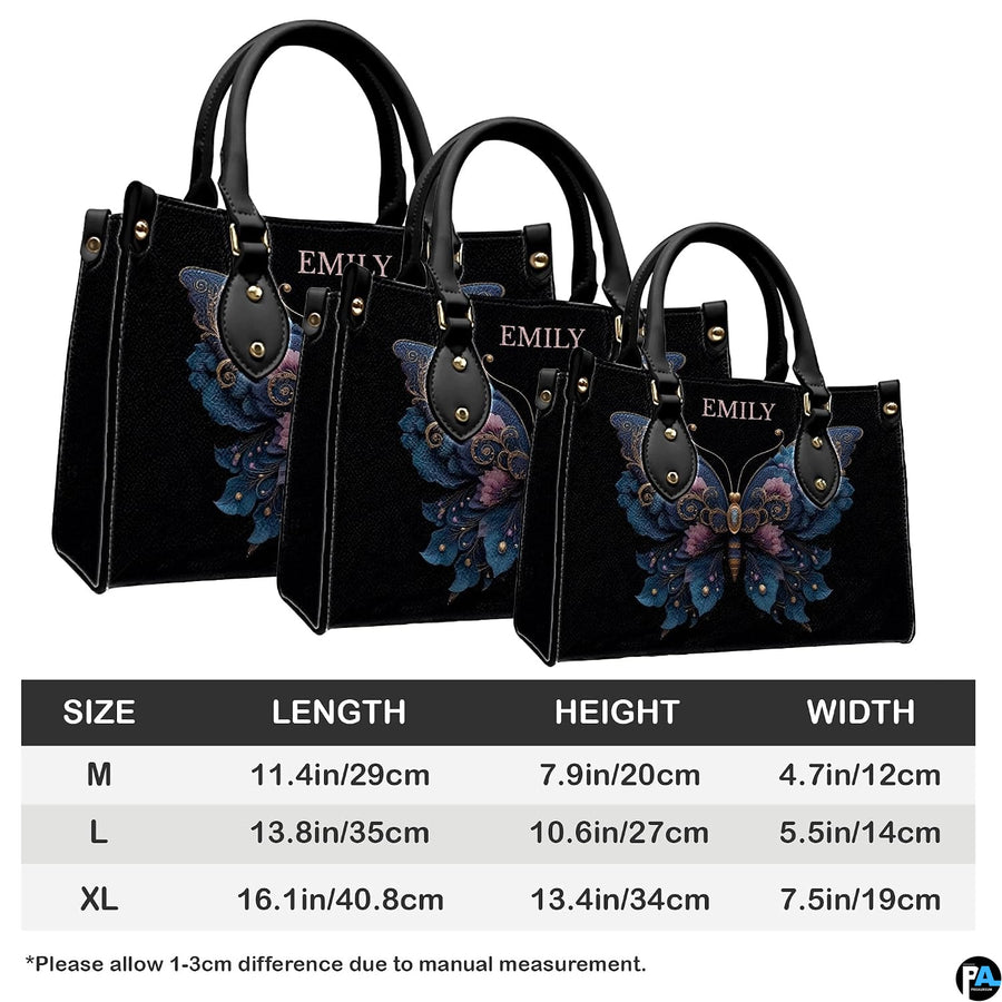 Measurement comparison graphic showing dimensional variations for floral butterfly handbag