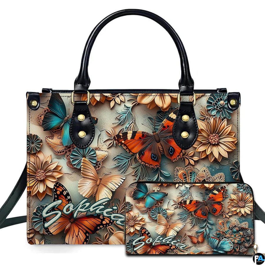 Dimensional butterfly daisy relief handbag and matching wallet set