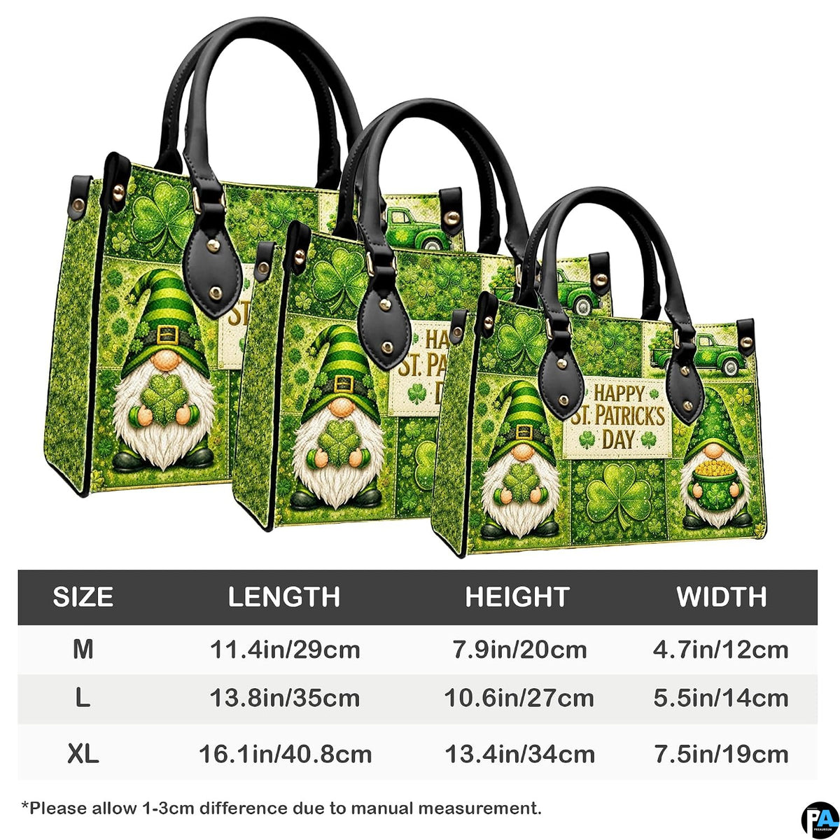 Gnome clover handbag measurement chart with three illustrated views