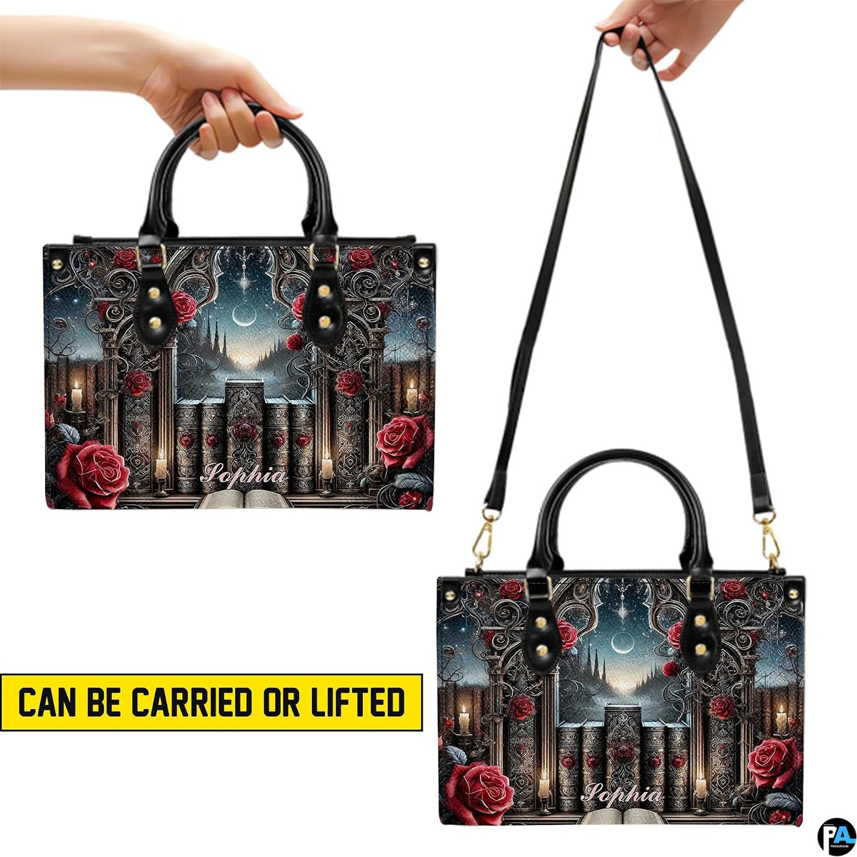 Carrying demonstrations displaying dual top handle grip and crossbody shoulder strap suspension.