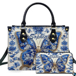 Blue porcelain butterfly handbag and matching wallet set