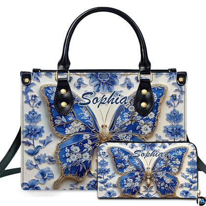 Blue porcelain butterfly handbag and matching wallet set