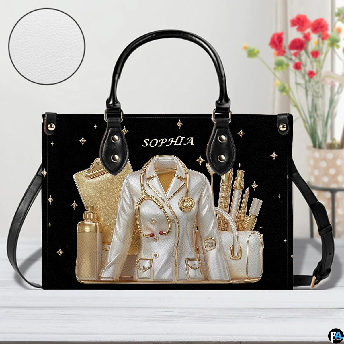 Bottom view of black doctor handbag showing clean flat rectangular base
