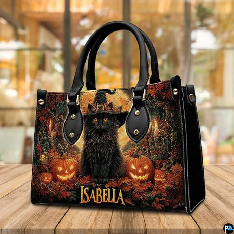 Personalized Halloween Leather Handbag – Custom Witch 3D Printing Effect Purses For Women – Spooky Gothic Shoulder Bag