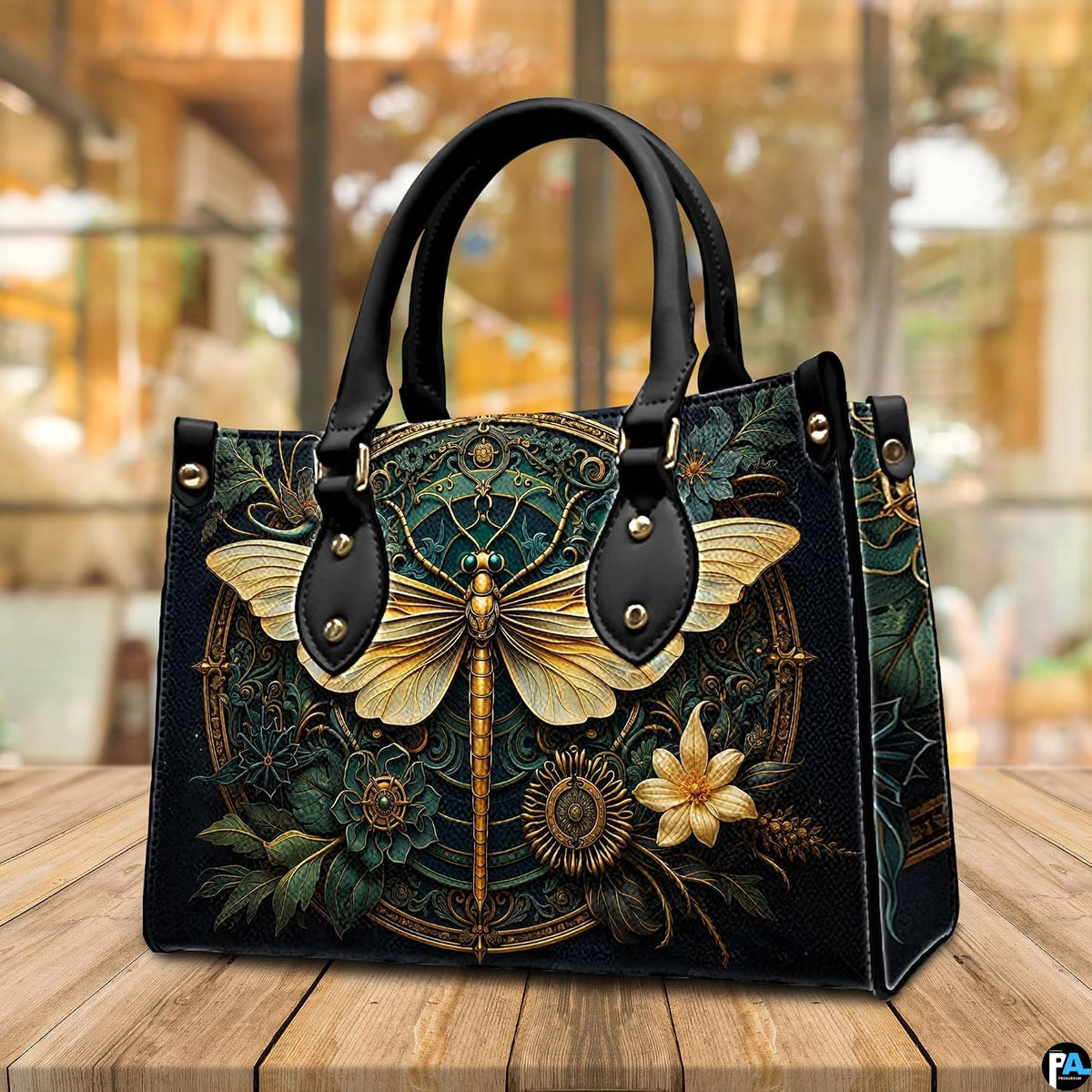 Side profile of gold dragonfly handbag showing continuous botanical medallion print along gusset