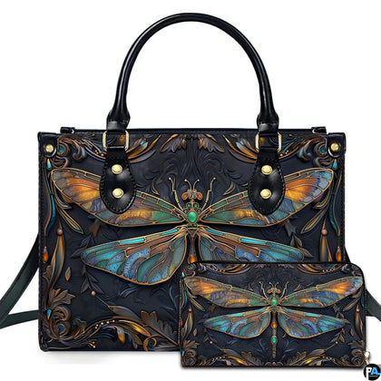 Studio display of jeweled dragonfly handbag and matching wallet with stained-glass wings and floral scrollwork