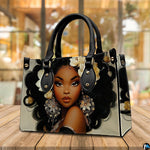 Black woman portrait accessory with gardenia flowers resting upright in a warm café interior.
