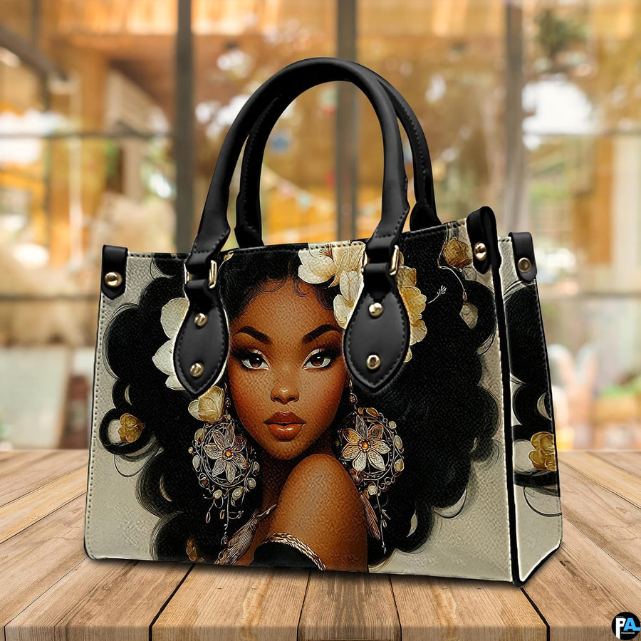 Black woman portrait accessory with gardenia flowers resting upright in a warm café interior.