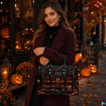 Lifestyle scene presenting gothic bookstore artwork in an autumn street environment with pumpkins.