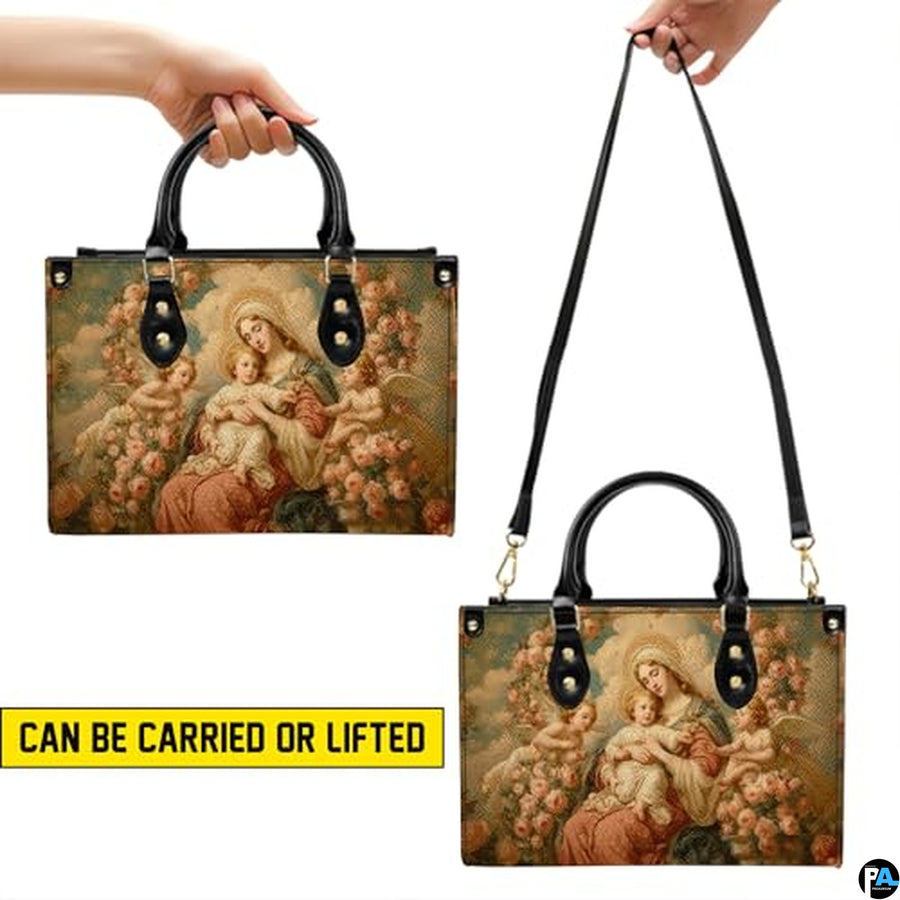Custom Catholic Virgin Mary Leather Bag, Personalized Name Handbags and Purses for Christian Women Religious Bag Gifts