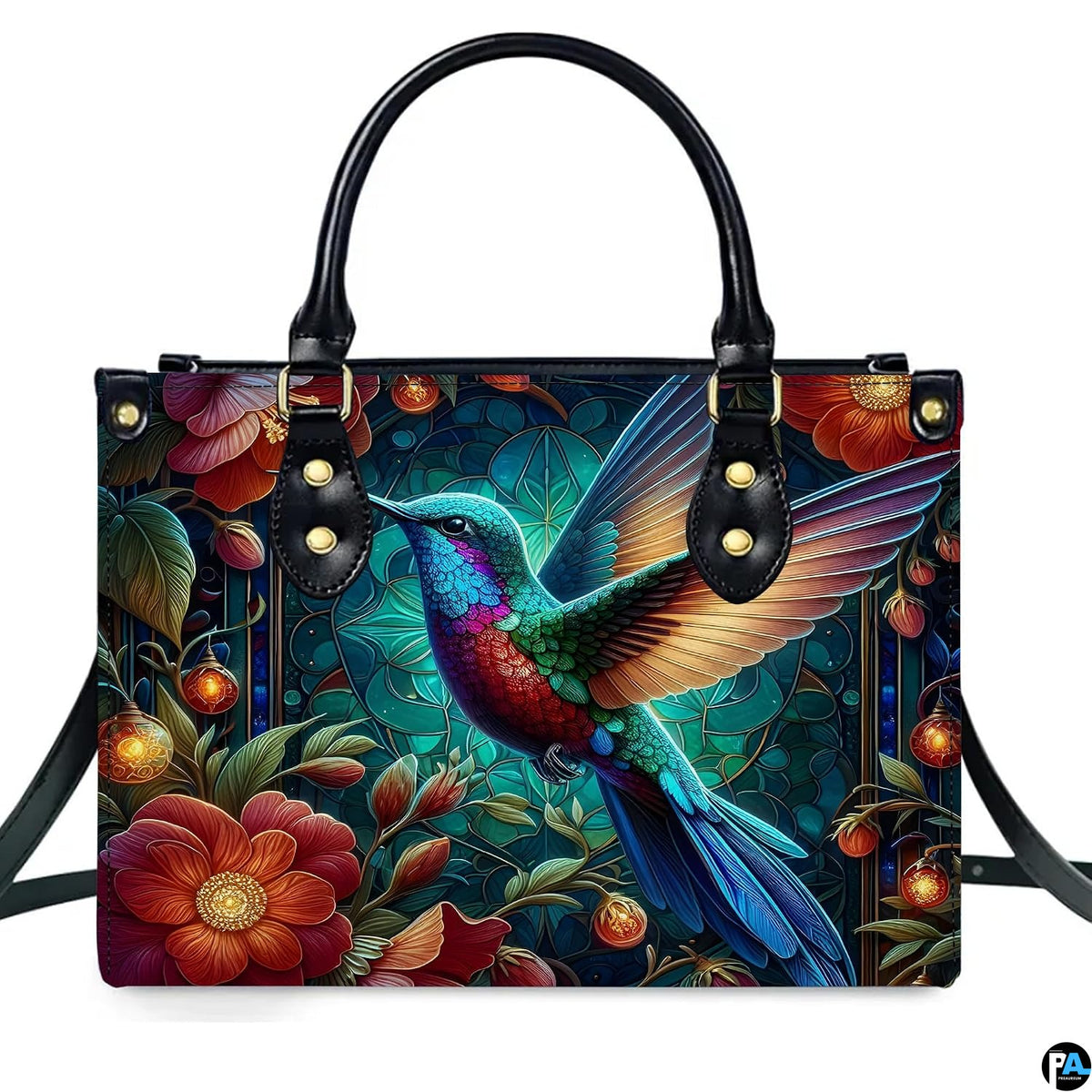 Detailed view of glowing fairy lantern orbs and rich botanical foliage across handbag.