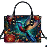 Detailed view of glowing fairy lantern orbs and rich botanical foliage across handbag.
