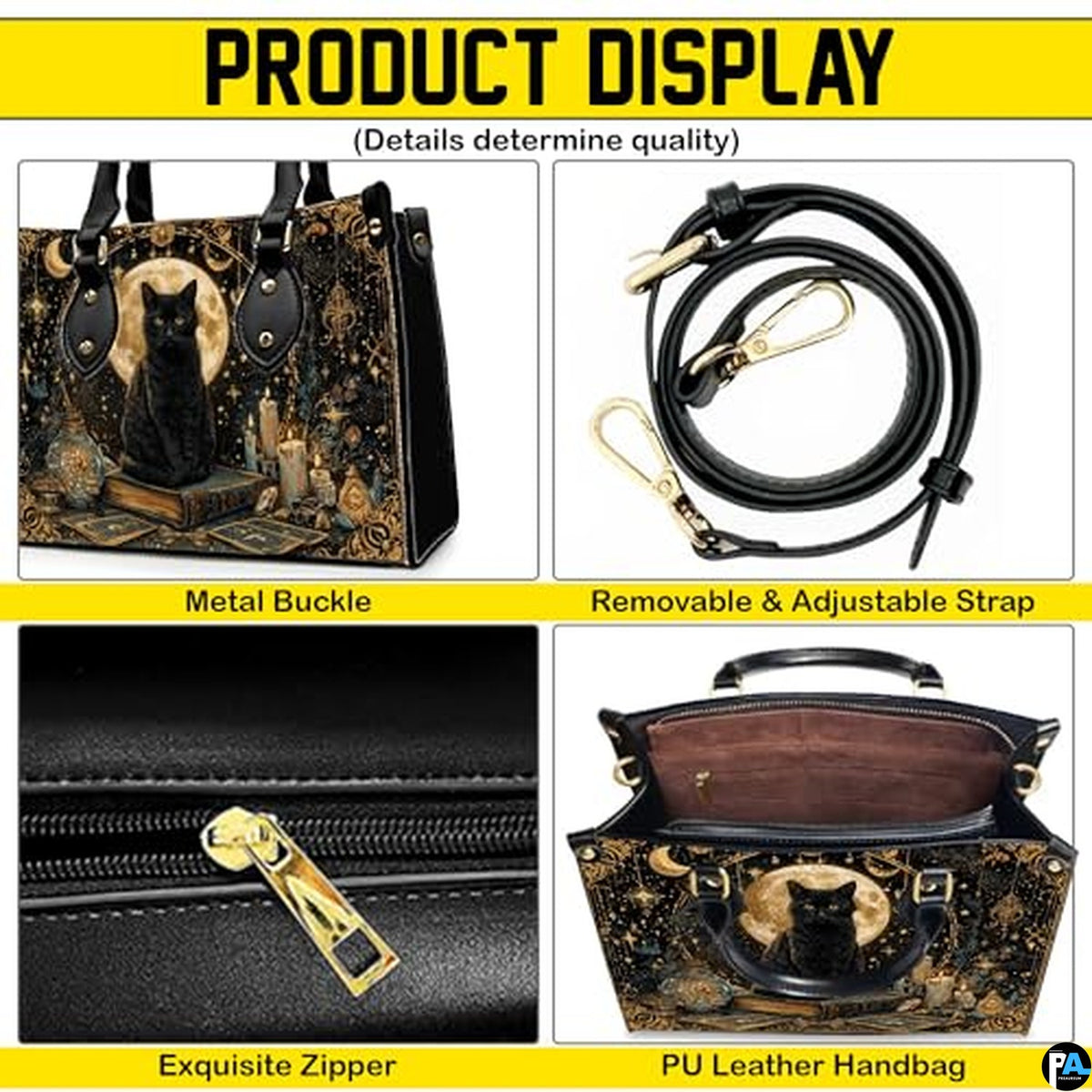 Black Cat Leather Bag – Vintage Cat Art Handbag, Stylish Animal-Themed Purse, Unique Gift for Cat Lovers