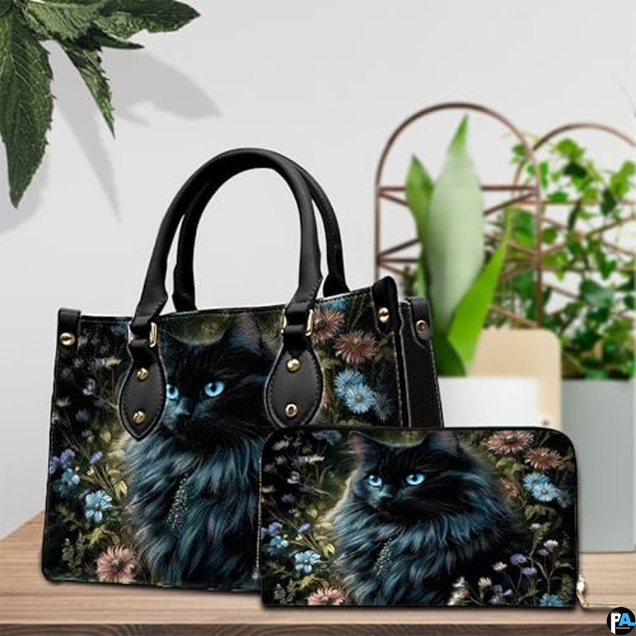 Black Cat Leather Bag – Vintage Cat Art Handbag, Stylish Animal-Themed Purse, Unique Gift for Cat Lovers