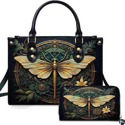 Art Deco golden dragonfly and medallion handbag and wallet set displayed together on white background