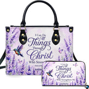 Lavender floral hummingbird handbag and matching wallet set on white backdrop