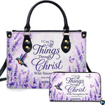 Lavender floral hummingbird handbag and matching wallet set on white backdrop