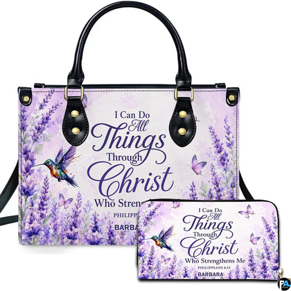 Lavender floral hummingbird handbag and matching wallet set on white backdrop