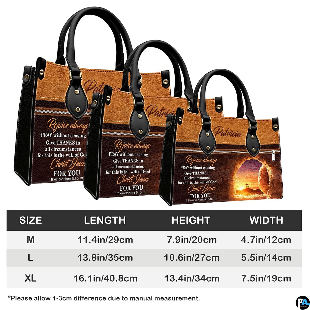 Proportion graphic illustrating medium, large, and extra-large scale options for the handbag