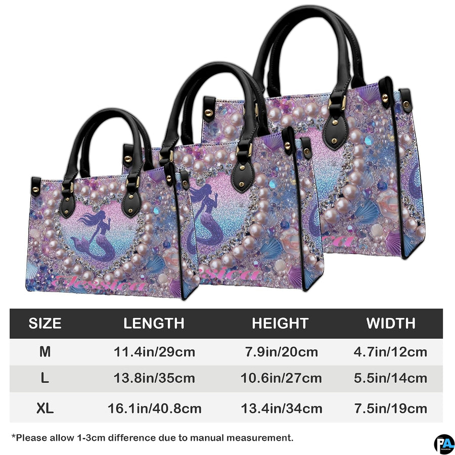 Back view of mermaid handbag showing coordinated pastel glitter and seashell pattern.