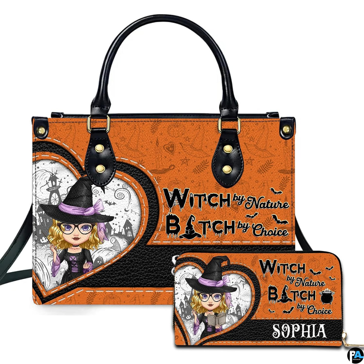 Studio presentation showing dual accessories with cartoon chibi witch and slogan artwork.