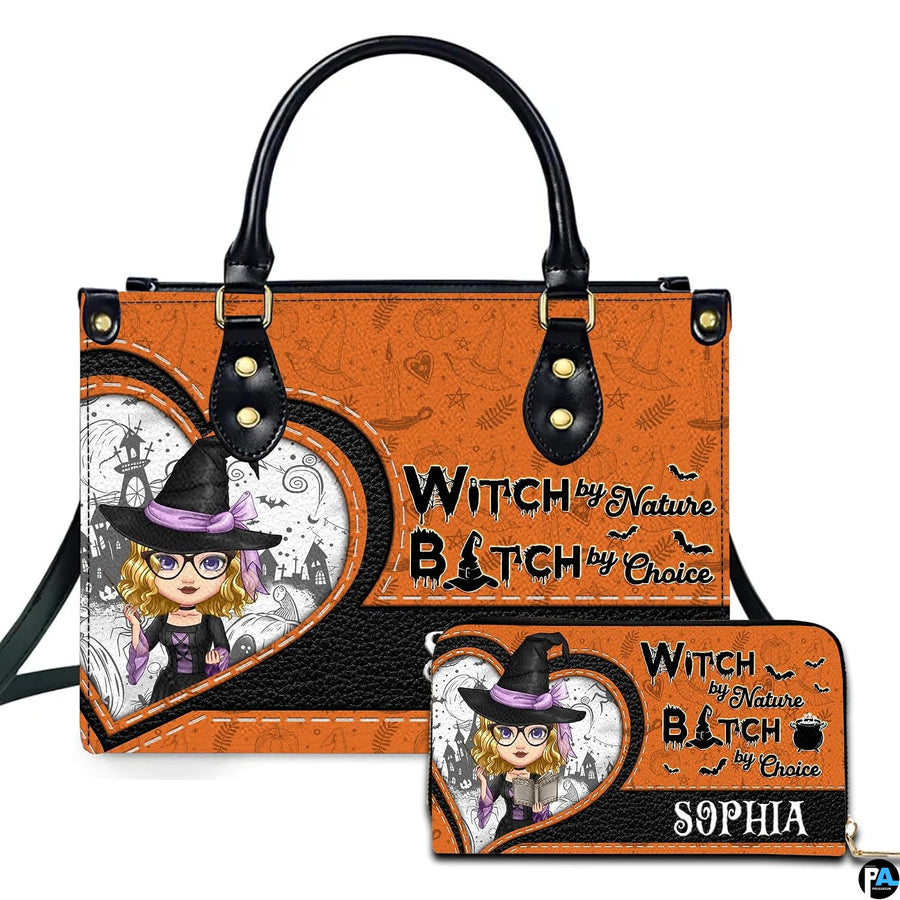 Studio presentation showing dual accessories with cartoon chibi witch and slogan artwork.