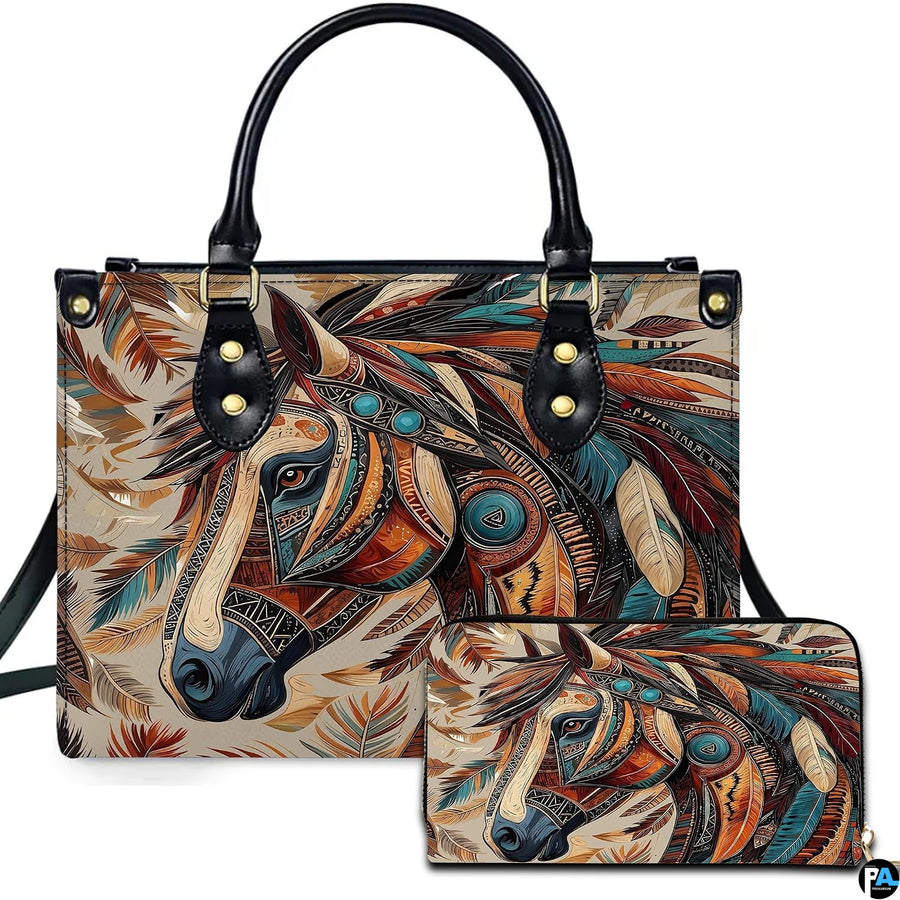 Southwestern horse art depicting an ornamental equine portrait on companion accessories before a white backdrop.