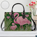 Angle perspective view of the flamingo handbag highlighting side depth and print clarity.