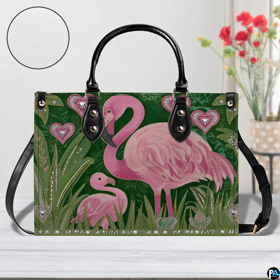 Angle perspective view of the flamingo handbag highlighting side depth and print clarity.