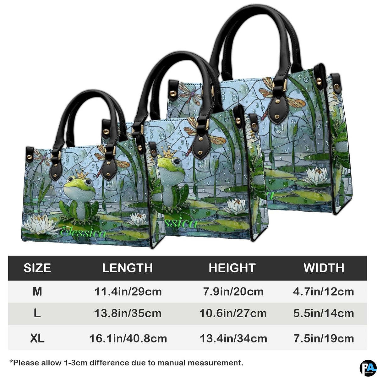 Coordinated arrangement of handbag and wallet displaying the matching frog pond artwork.