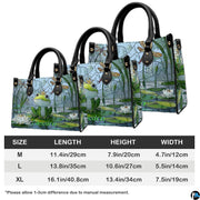 Coordinated arrangement of handbag and wallet displaying the matching frog pond artwork.