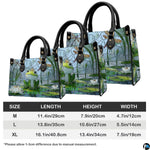 Coordinated arrangement of handbag and wallet displaying the matching frog pond artwork.