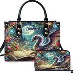 Celestial iridescent dragon and open grimoire handbag and matching zip wallet set shown beneath full moon.