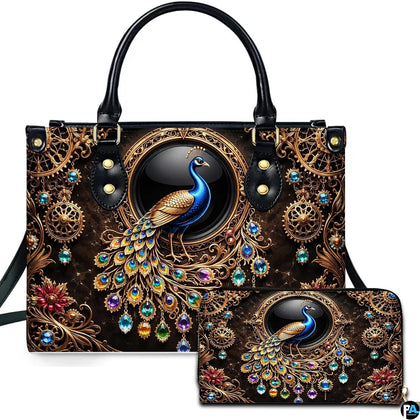 Baroque jeweled peacock handbag and wallet set displayed against a white studio background