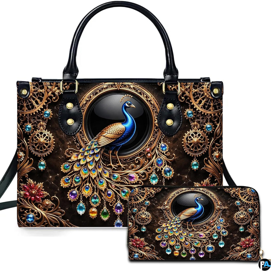 Baroque jeweled peacock handbag and wallet set displayed against a white studio background