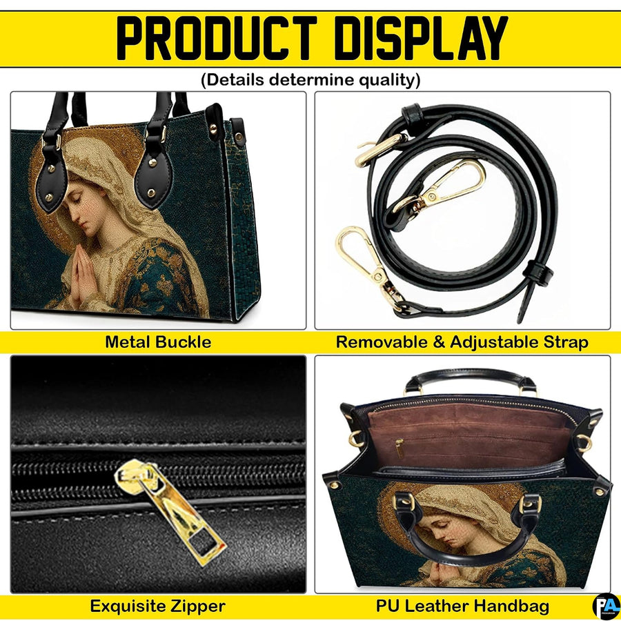 Collage showing front mosaic artwork, strap, zipper, and interior view of the handbag