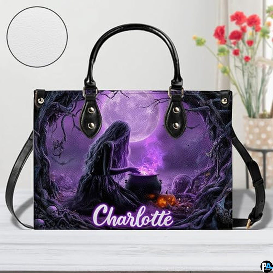Personalized Halloween Leather Handbag – Custom Witch 3D Printing Effect Purses For Women – Spooky Gothic Shoulder Bag