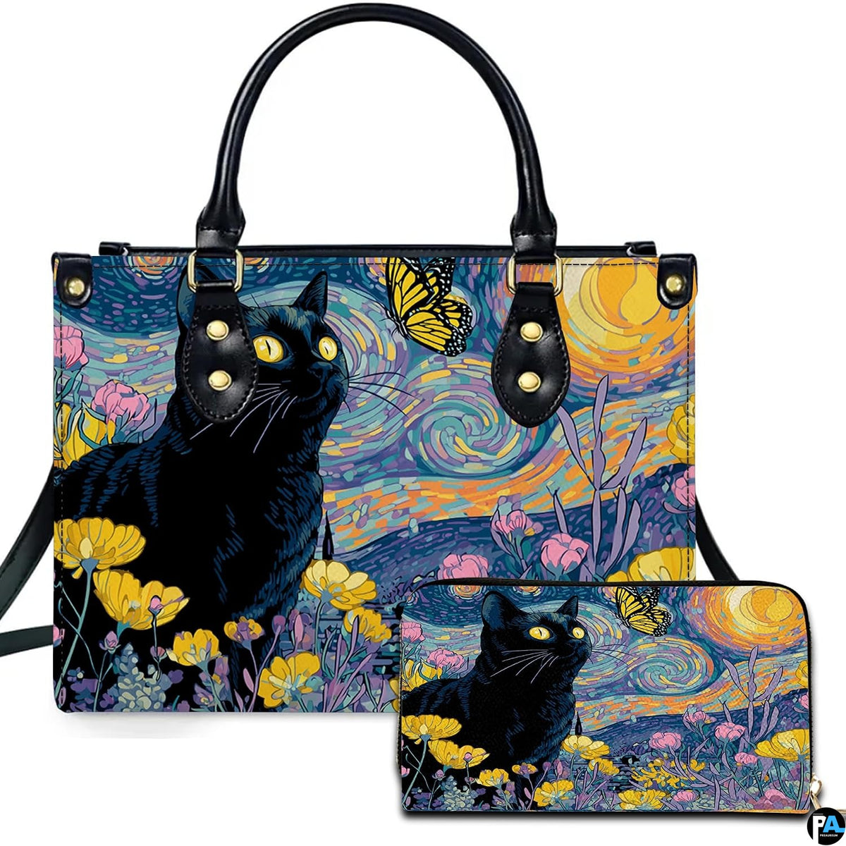 Studio presentation of black cat van gogh starry night art beside matching rectangular companion accessory.