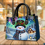Side perspective view of Northern Lights purse highlighting structured shape and carrying handles.